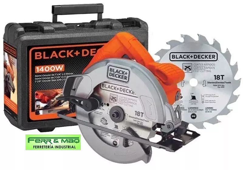 Sierra Circular Black + Decker de 7.1/4" - 1400 W con 2 Discos y Maletín