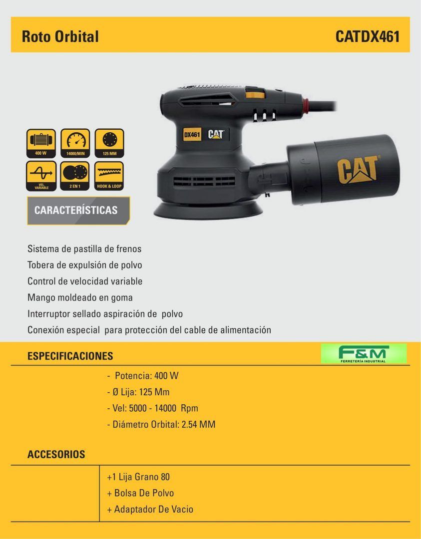 Lijadora Roto Orbital 400 W 125 MM 14000 RPM CATERPILLAR CAT DX461 - Imagen 5