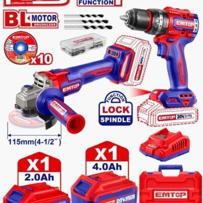 Combo EMTOP Amoladora Inalámbrica + Taladro Inalámbrico 20V Brushless