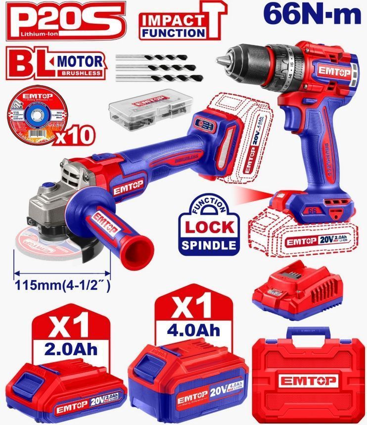 Combo EMTOP Amoladora Inalámbrica + Taladro Inalámbrico 20V Brushless