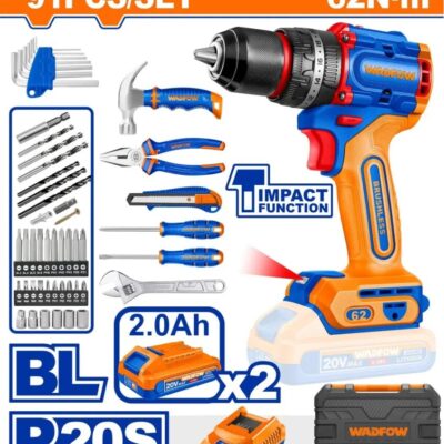 Taladro Atornillador Percutor Inalámbrico 20V Brushless WADFOW + Herramientas