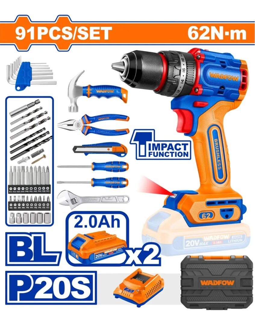 Taladro Atornillador Percutor Inalámbrico 20V Brushless WADFOW + Herramientas